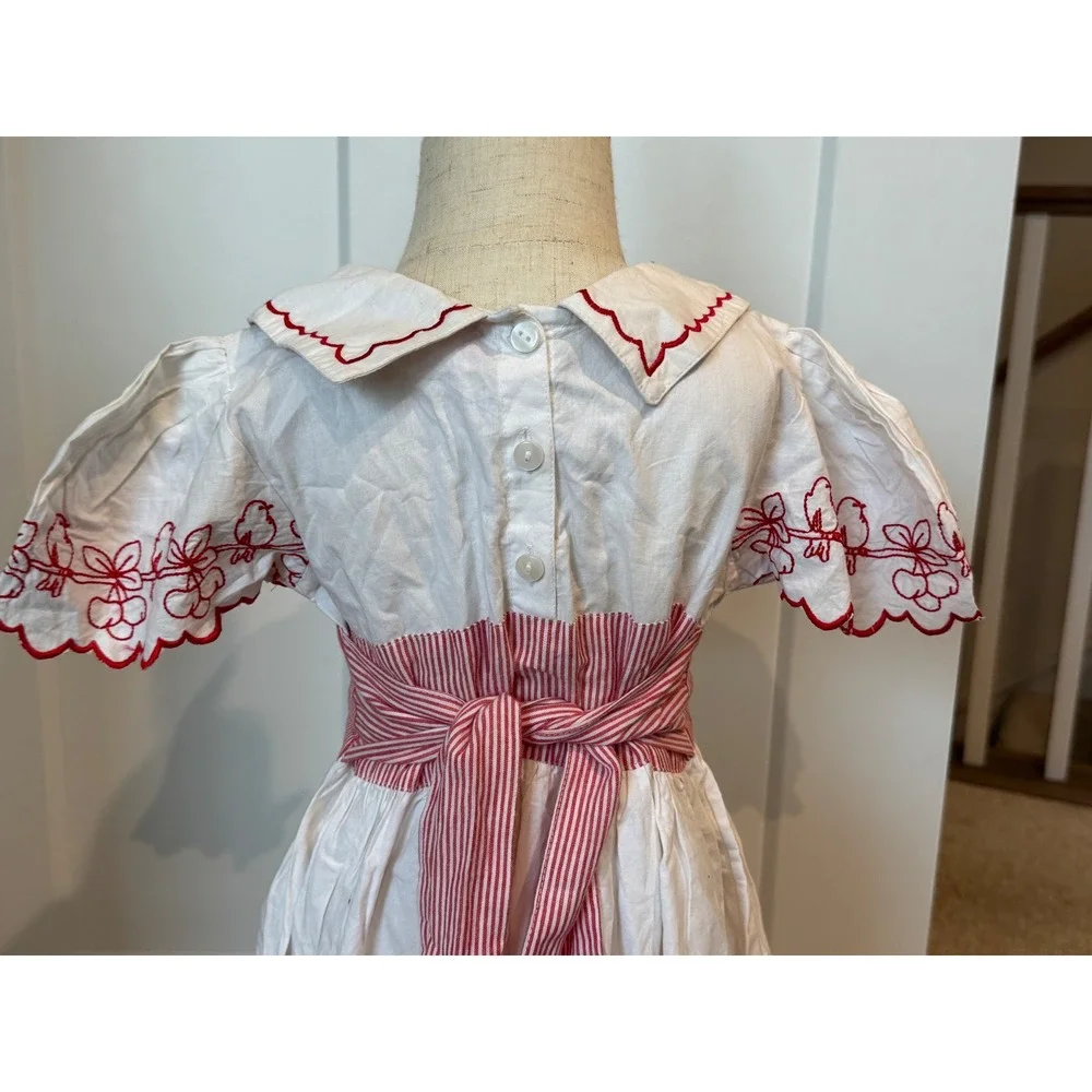 Powell Craft England Girls White Red Embroidered Bird Cotton Dress 4-5Y Vintage